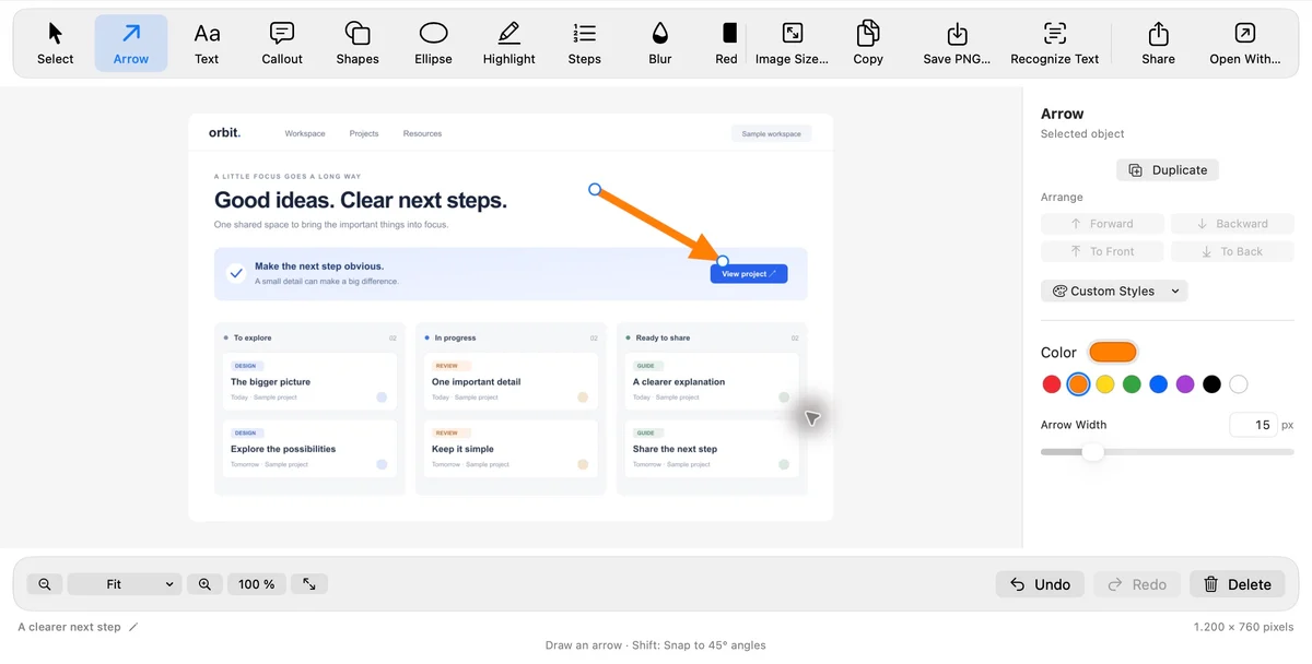 Real Snaprivo interface: a sample project board with an editable arrow in the native Mac editor